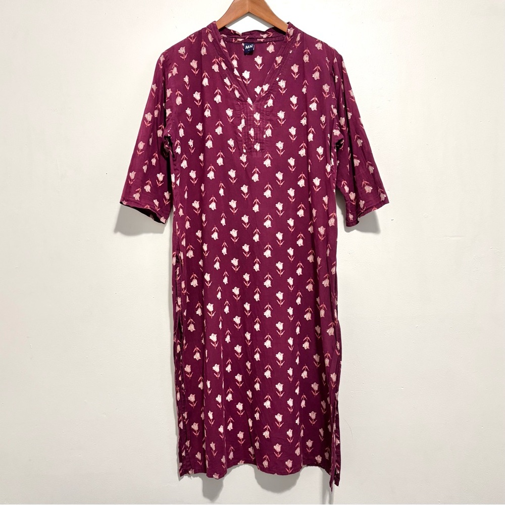 Vintage Burgundy Block Print Indian Tunic Dress - Cotton Floral Print Kurta